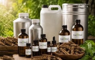 Bulk Spikenard Oil packaging with amber bottles and containers